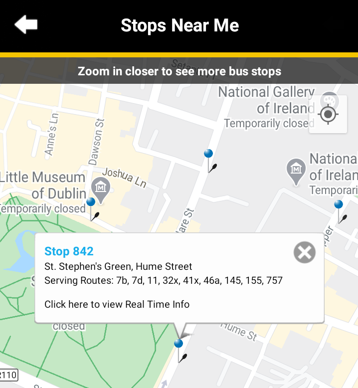 地図上のバス停とその詳細